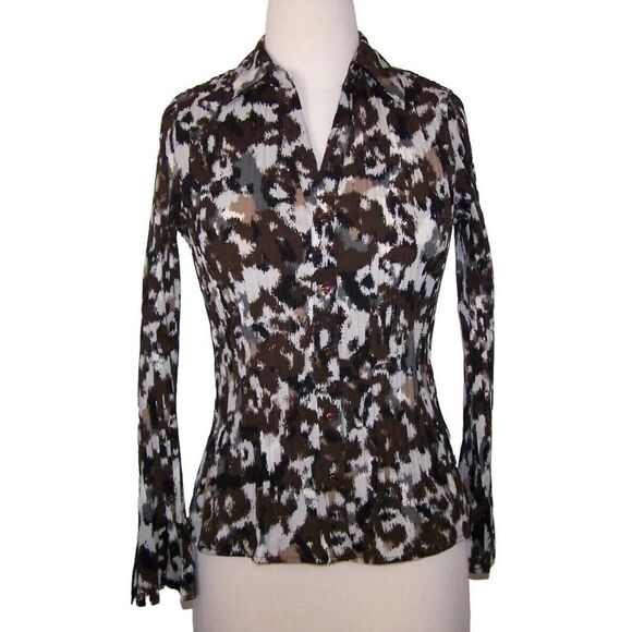 Apt. 9 Shirt Top Blouse PM Stretch Accordion Pleats Long Sleeves Brown Black - Picture 1 of 10